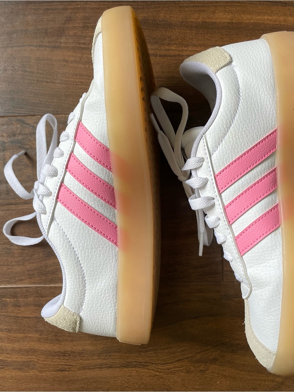 adidas White Sneakers with Pink Stripes and Gum Sole